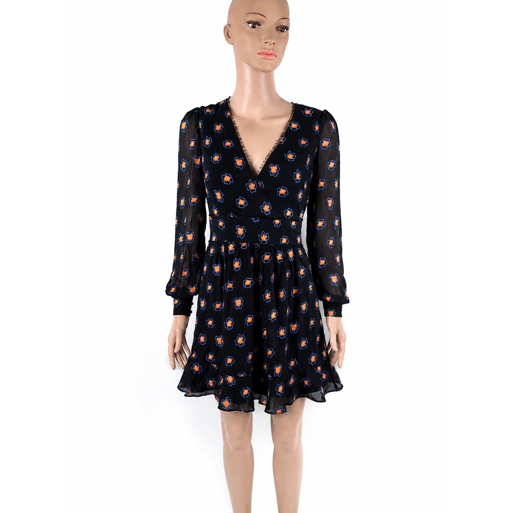 La Maison Talulah Love Me Mini Dress XS Black Floral Long Sleeve V Neck